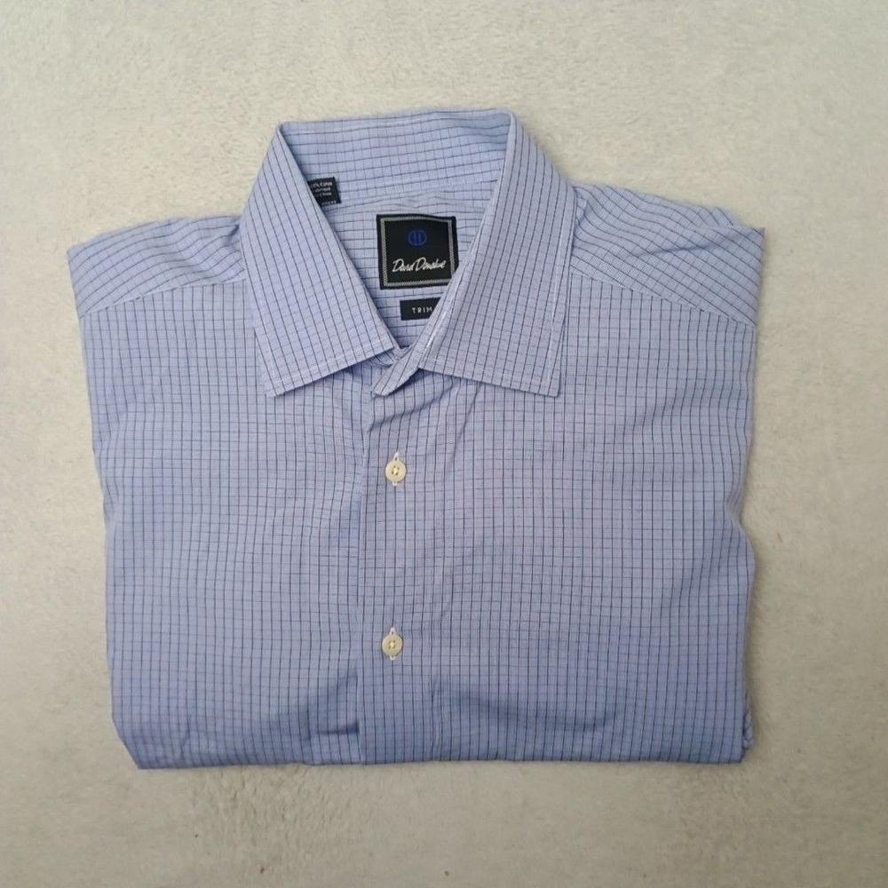 David Donahue Shirt Mens 16.5 36 37 Blue Check Button-Up Trim Cotton Business